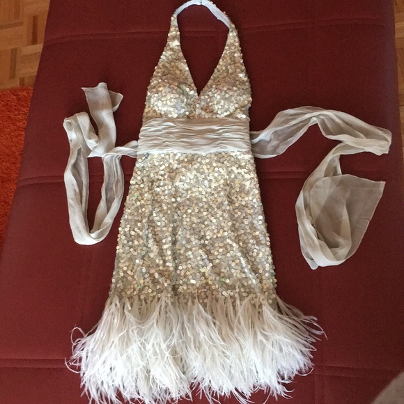 Classy silver sequins dress with feathers! Worn 1x